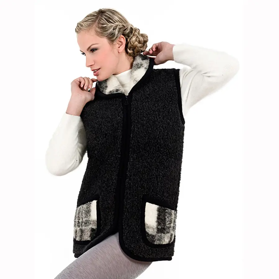 OVČÍ VĚCI Vesta z ovčí vlny s límečkem černá 3XL - přes prsa 129 cm